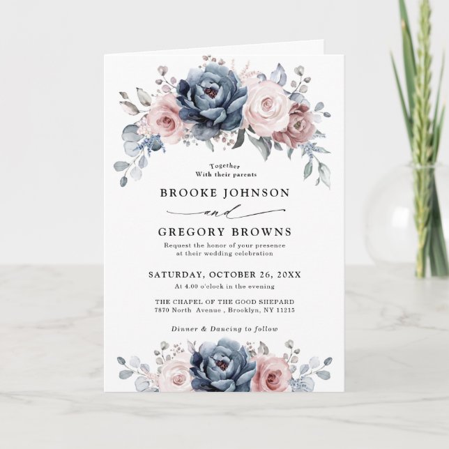 Invitación Rosa Dusty Blue Mauve Boda Floral de pizarra rosa (Anverso)