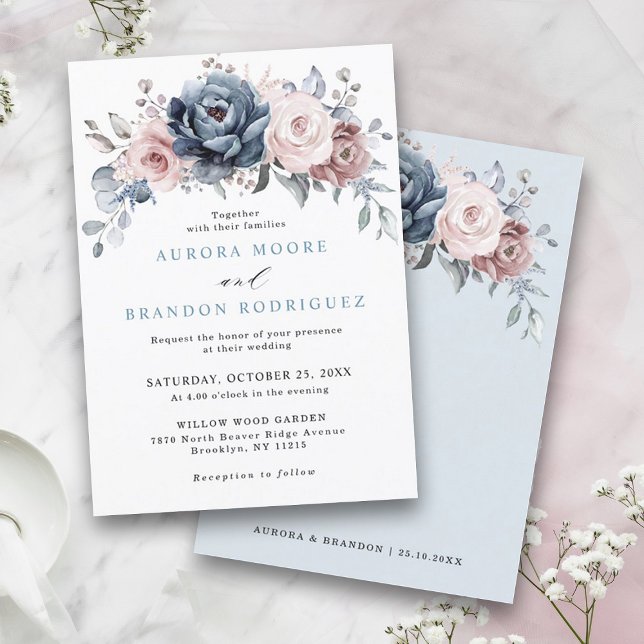 Invitación Rosa Dusty Blue Mauve Boda Floral de pizarra rosa (Dusty blue mauve rose pink slate floral wedding invitation)