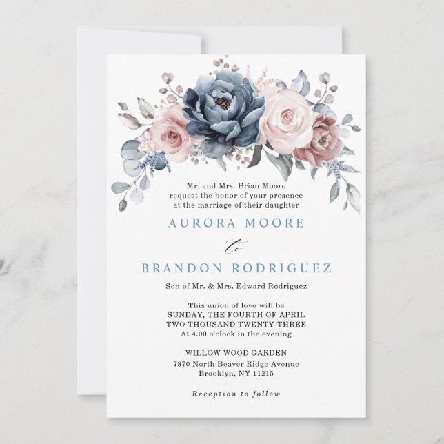 Invitación Rosa Dusty Blue Mauve Boda Floral de pizarra rosa (Anverso)