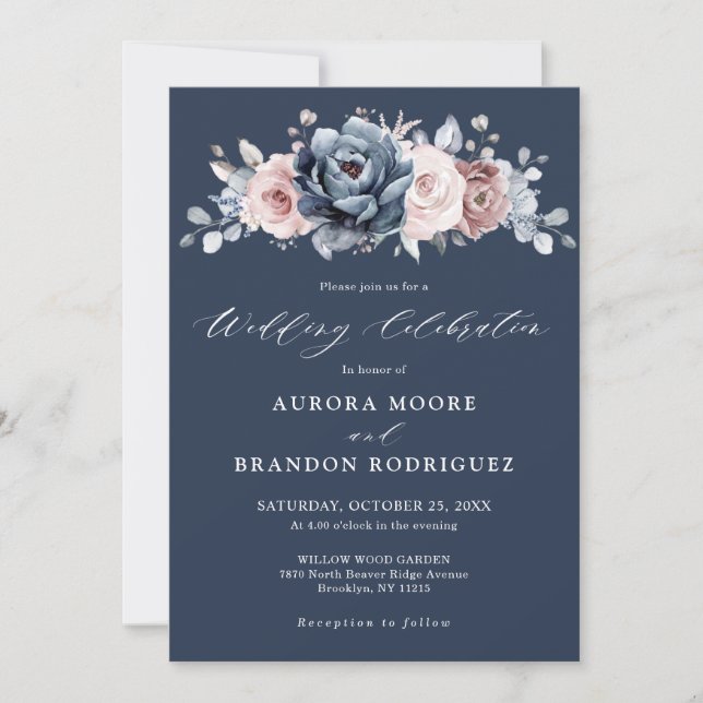 Invitación Rosa Dusty Blue Mauve Boda Floral de pizarra rosa  (Anverso)