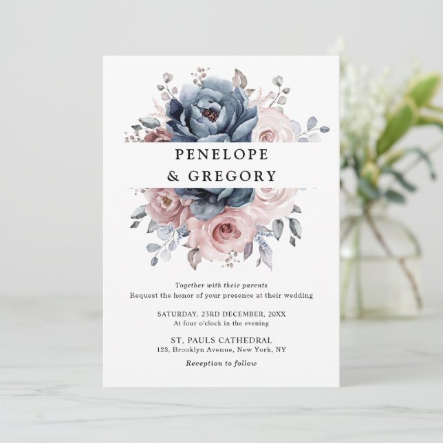 Invitación Rosa Dusty Blue Mauve Boda Floral de pizarra rosa (Anverso de pie)