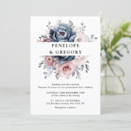 Invitación Rosa Dusty Blue Mauve Boda Floral de pizarra rosa