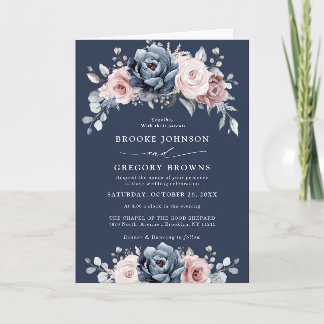 Invitación Rosa Dusty Blue Mauve Boda Floral de pizarra rosa (Anverso)