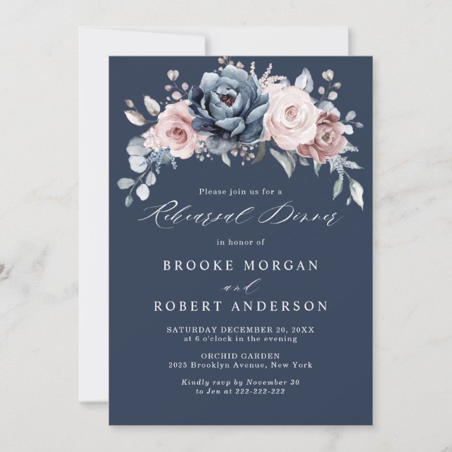 Invitación Rosa Dusty Blue Mauve Ensayo de pizarra rosa Cena (Anverso)
