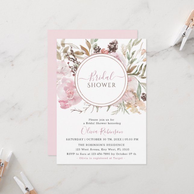 Invitación Rosa Dusty Elegante Floral Bridal Shower Invitació (Anverso/Reverso In Situ)