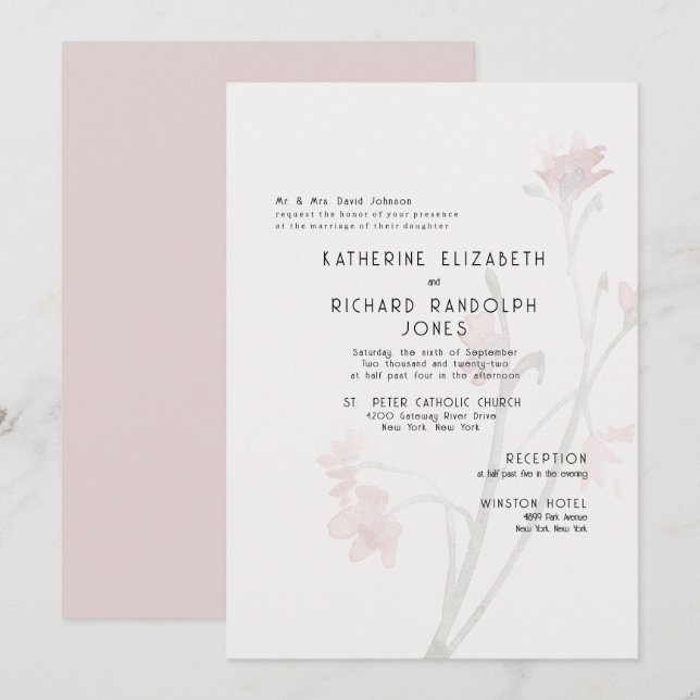 Invitación Rosa Dusty Flor silvestre 2 Boda de vena (Anverso / Reverso)