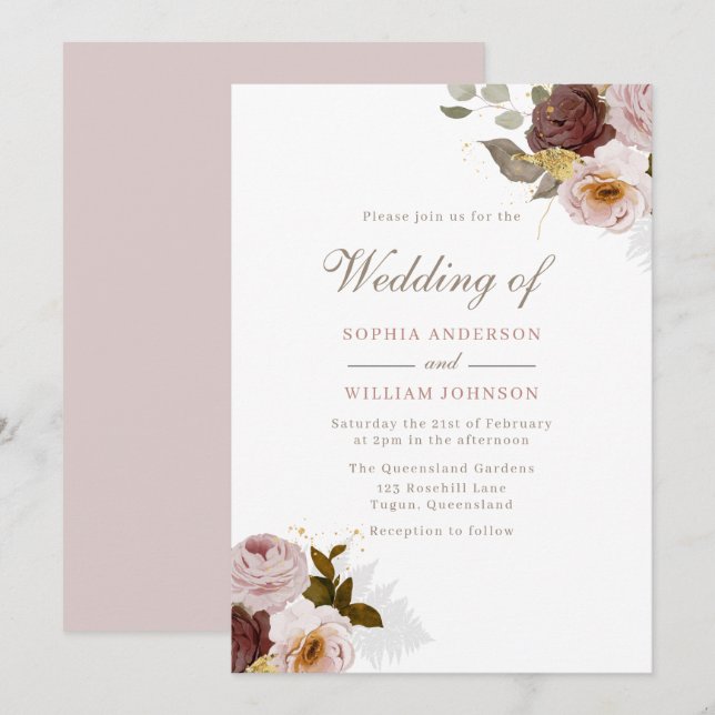 Invitación Rosa Dusty Floral acuarela Otoño Boda otoño I (Anverso / Reverso)