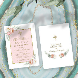 Invitación Rosa Dusty Floral Español Primer Cumpleaños y Baut