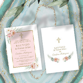 Invitación Rosa Dusty Floral Español Primer Cumpleaños y Baut