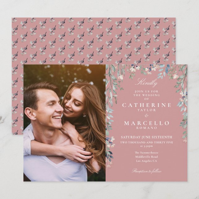 Invitación Rosa Dusty Floral Flores Silvestres Boda de fotogr (Anverso / Reverso)