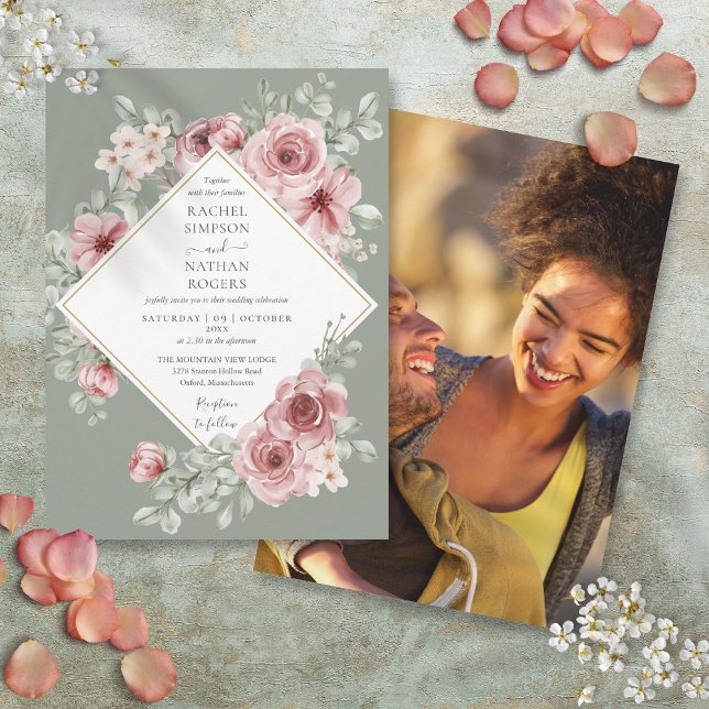 Invitación Rosa Dusty Floral Sage Green Boda Foto (Dusty Rose Floral Sage Green Wedding Photo Invitation)