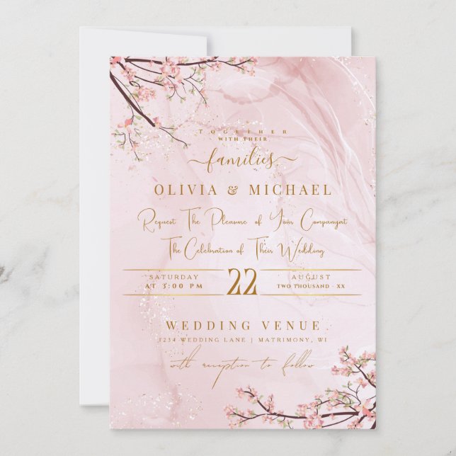 Invitación Rosa DUSTY MARBLE GOLD ABSTRACT FLORALS BODA (Anverso)