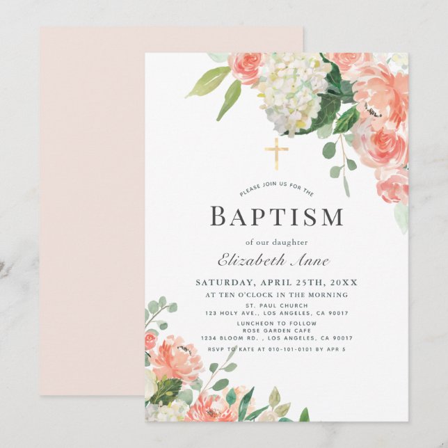 Invitación Rosa e hidrangea Bautismo Chica rosa (Anverso / Reverso)