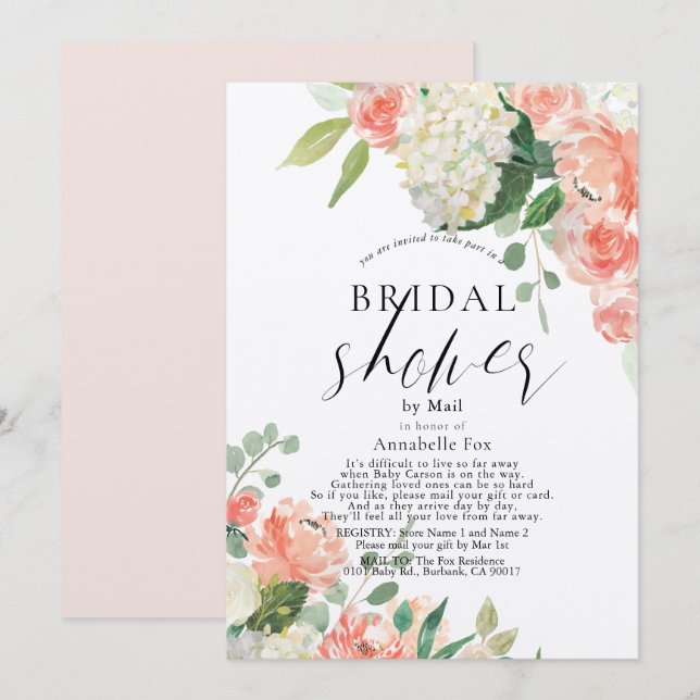 Invitación Rosa e hidrangea de la novia por correo (Anverso / Reverso)
