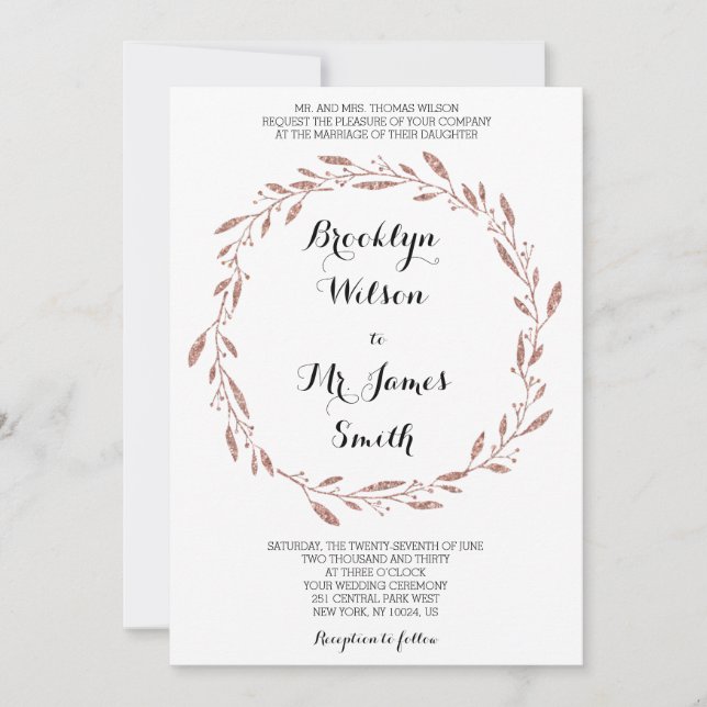 Invitación Rosa Efecto Relieve metalizado dorado Wreath de in (Anverso)