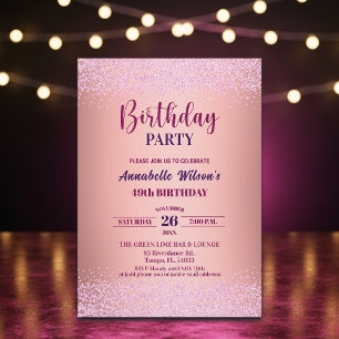Invitación Rosa Elegante Brillante Metálico Cumpleaños 49