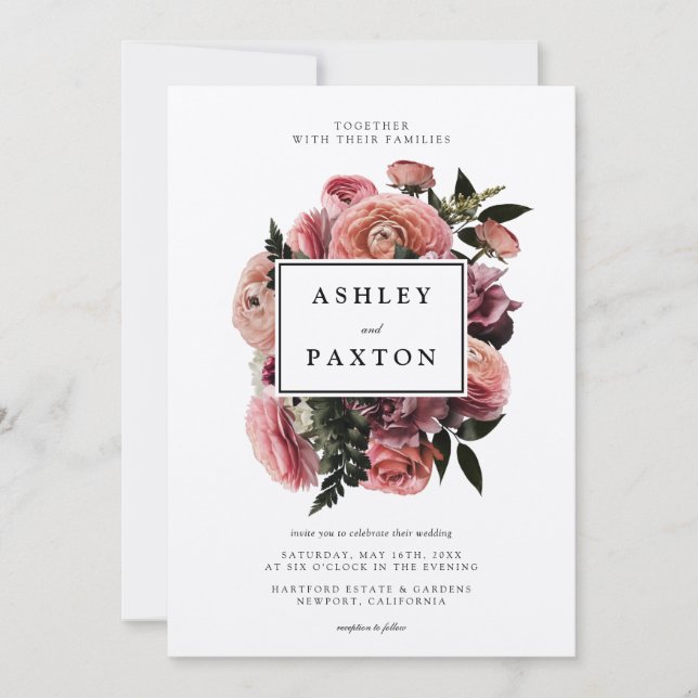Invitación Rosa elegante | Comprimido floral sobre blanco (Anverso)