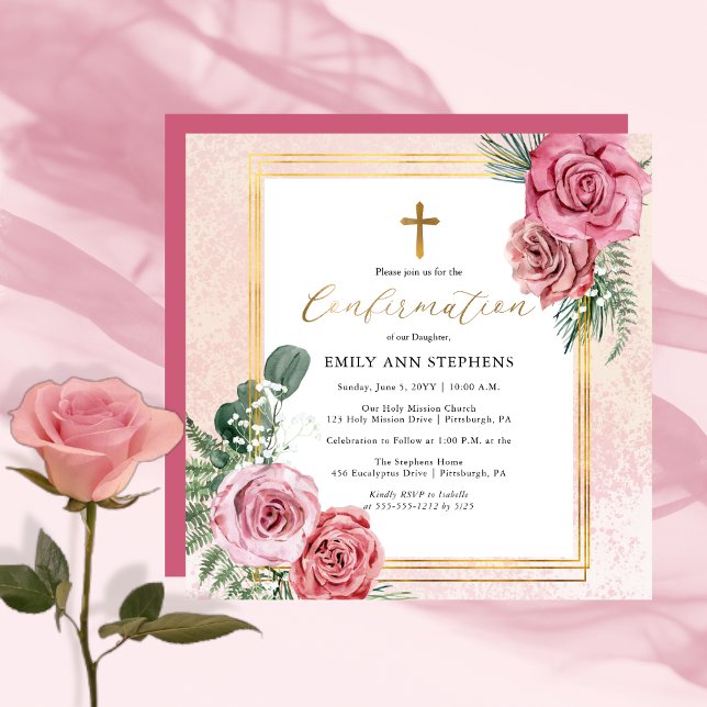 Invitación Rosa elegante | Confirmación del Chica de marcos f (Elegant Pink and Gold Tone Floral Frame Girl Confirmation Square Invitation)