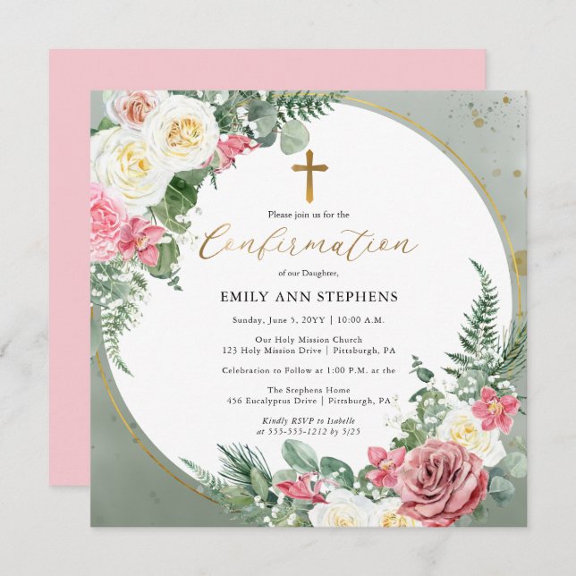 Invitación Rosa elegante | Confirmación del Chica de marcos f (Anverso / Reverso)