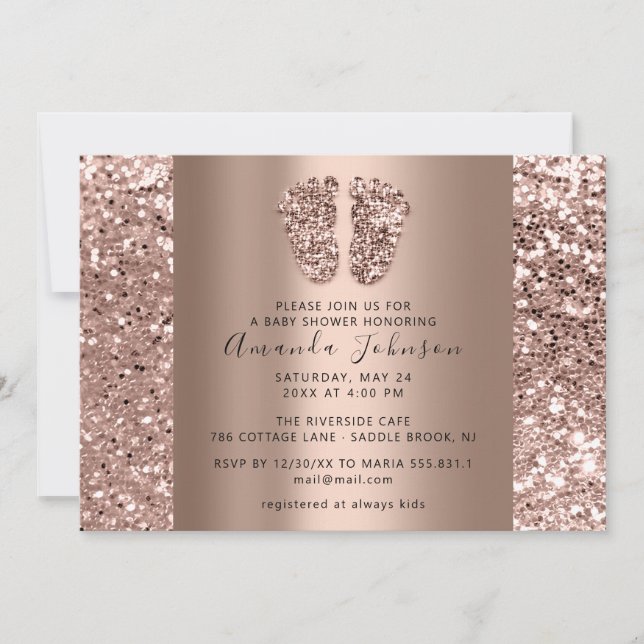 Invitación Rosa elegante de Baby Shower pies Purpurina niño G (Anverso)