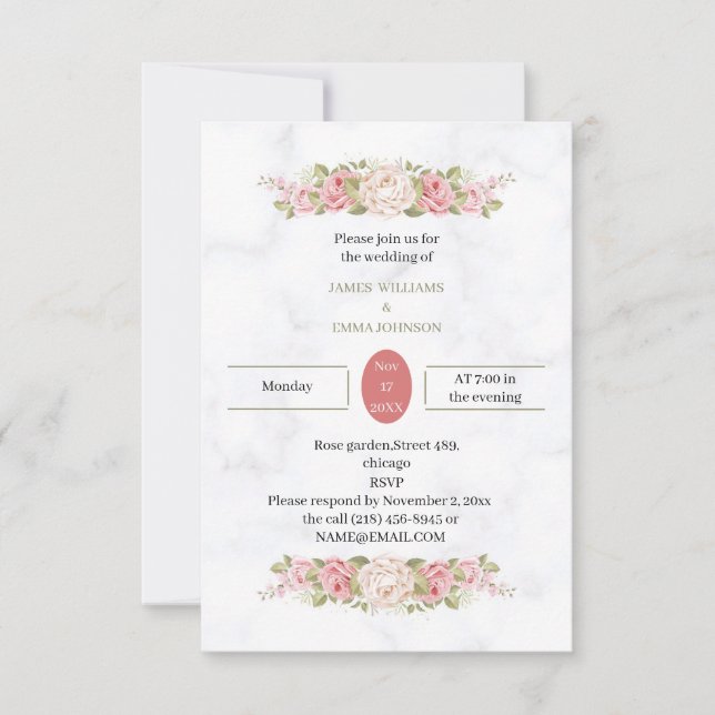 Invitación Rosa elegante de boda personalizada (Anverso)