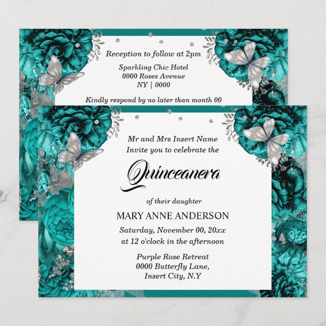 Invitación rosa elegante de  de plata verde azulada quinceane (Anverso / Reverso)