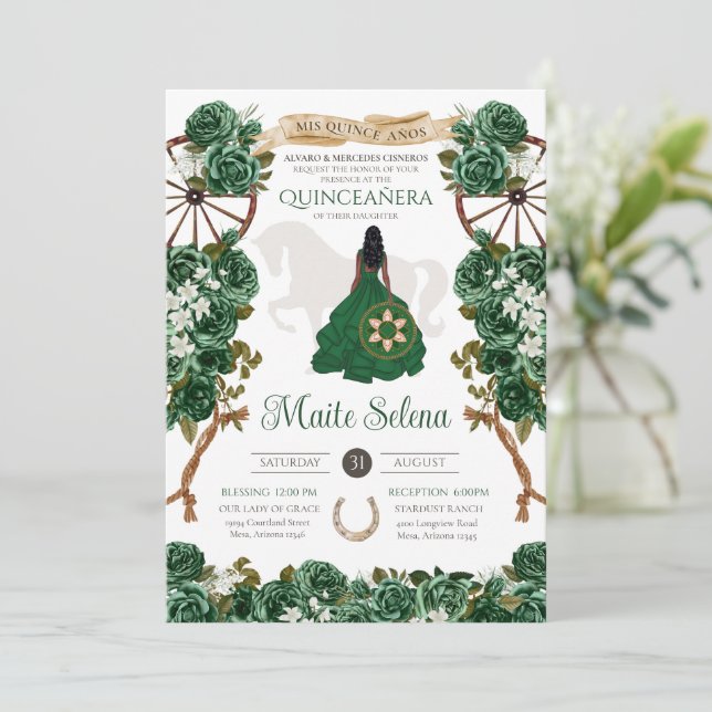 Invitación Rosa elegante de Emerald Green Quinceanera Charro (Anverso de pie)