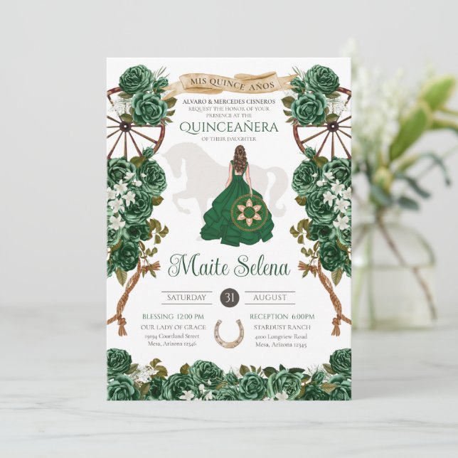 Invitación Rosa elegante de Emerald Green Quinceanera Charro (Anverso de pie)