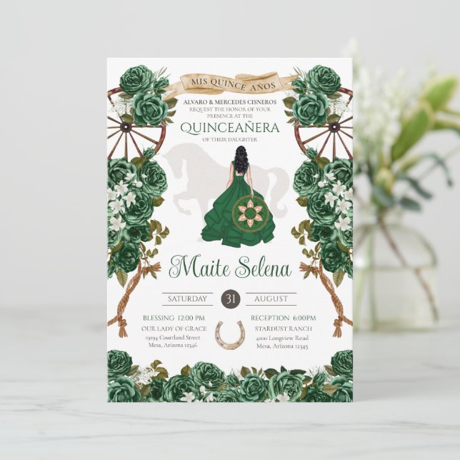 Invitación Rosa elegante de Emerald Green Quinceanera Charro (Anverso de pie)