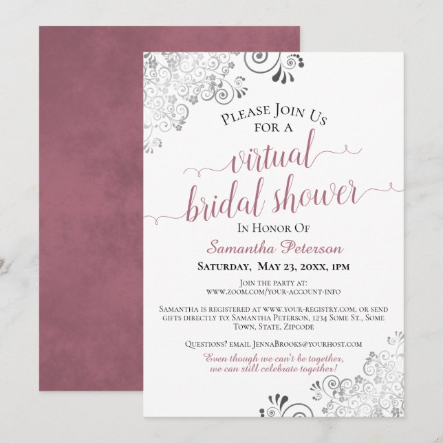 Invitación Rosa elegante de Frilly en ducha blanca virtual de (Anverso / Reverso)