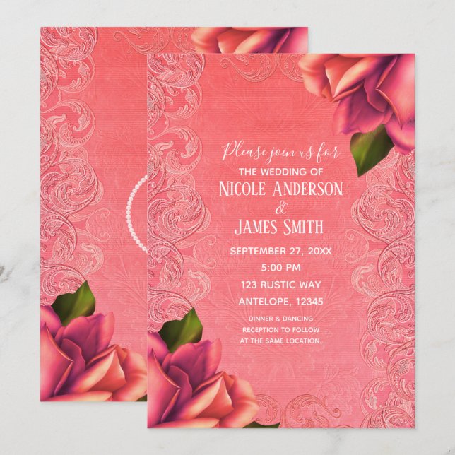 Invitación Rosa elegante de la época rosa del salmón (Anverso / Reverso)