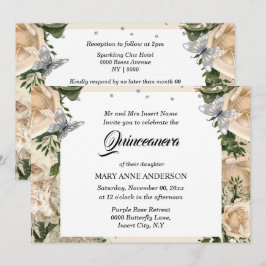 Invitación Rosa elegante de mariposa de plata de marfil