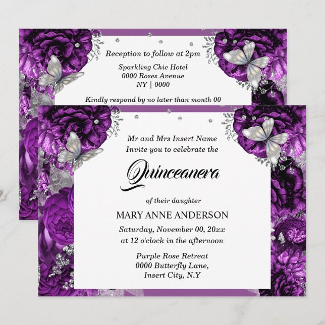 Invitación Rosa elegante de mariposa de plata púrpura quincea (Anverso / Reverso)