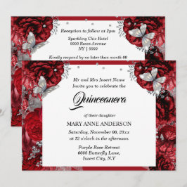 Invitación Rosa elegante de mariposa de plata roja quinceaner
