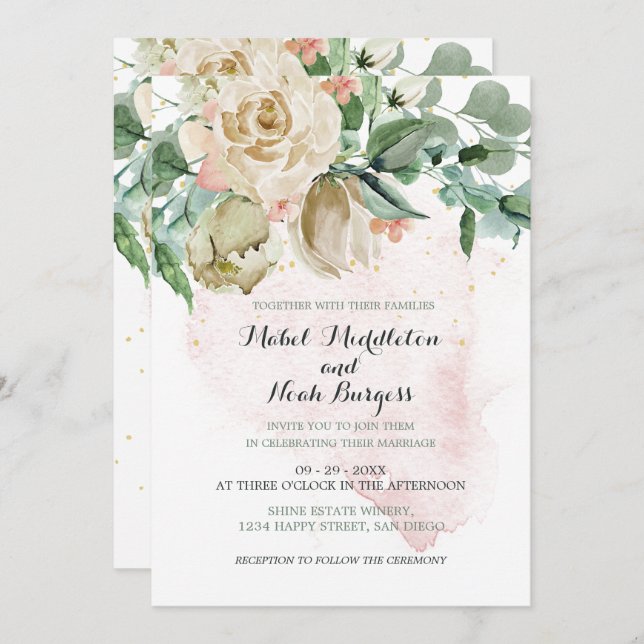 Invitación Rosa elegante del follaje verde rosa floral boda (Anverso / Reverso)