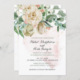 Invitación Rosa elegante del follaje verde rosa floral boda