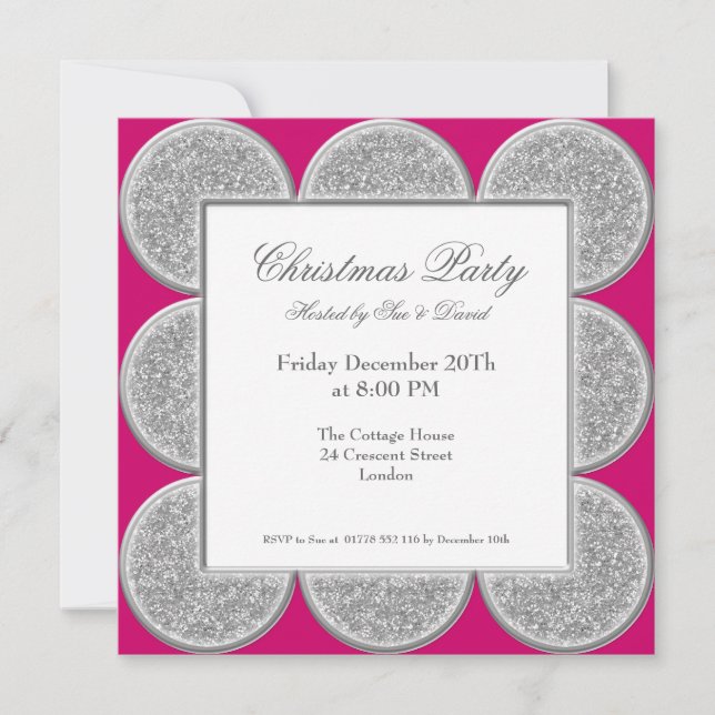Invitación Rosa elegante del marco del purpurina de la plata (Anverso)