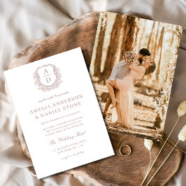 Invitación Rosa  elegante Escudo floral monograma Boda