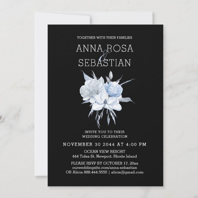 Invitación *~* Rosa Elegante Floral Azul AR15 WEDDING RSVP + (Anverso)