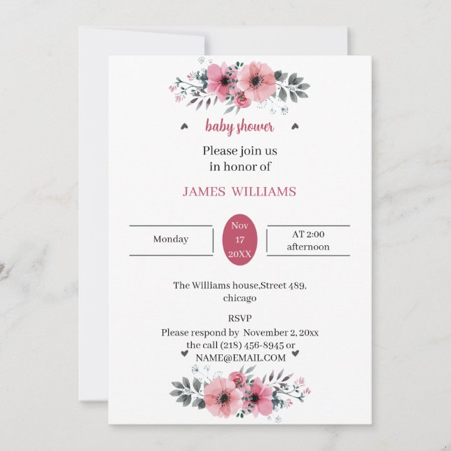 Invitación Rosa elegante Flores Baby Shower personalizado (Anverso)