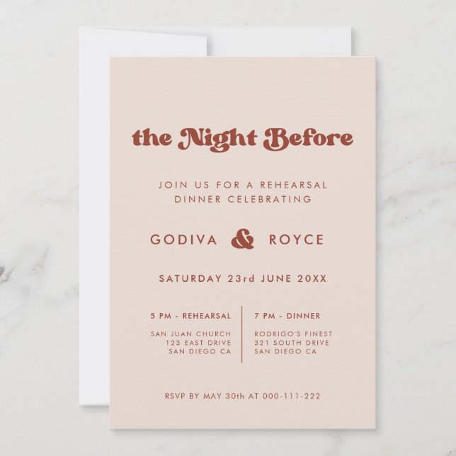 Invitación Rosa elegante La noche anterior al ensayo del boda (Anverso)