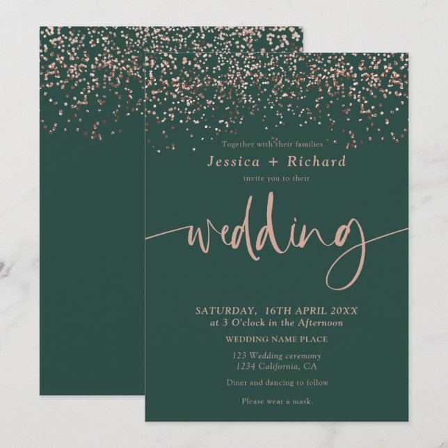 Invitación Rosa elegante moderno guión boda verde dorado (Anverso / Reverso)