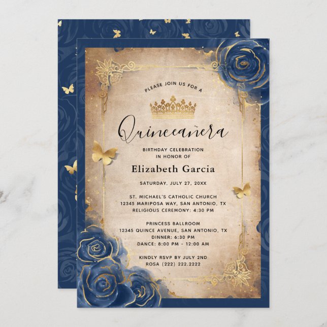 Invitación Rosa elegante Quinceanera azul marino y oro real (Anverso / Reverso)
