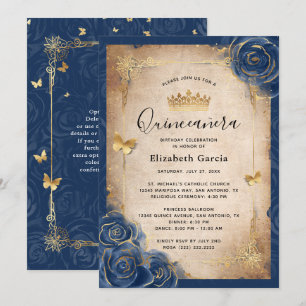 Invitación Rosa elegante Quinceanera azul marino y oro real