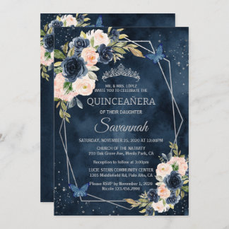 Invitación Rosa elegante Quinceanera de la Marina Azul y Plat