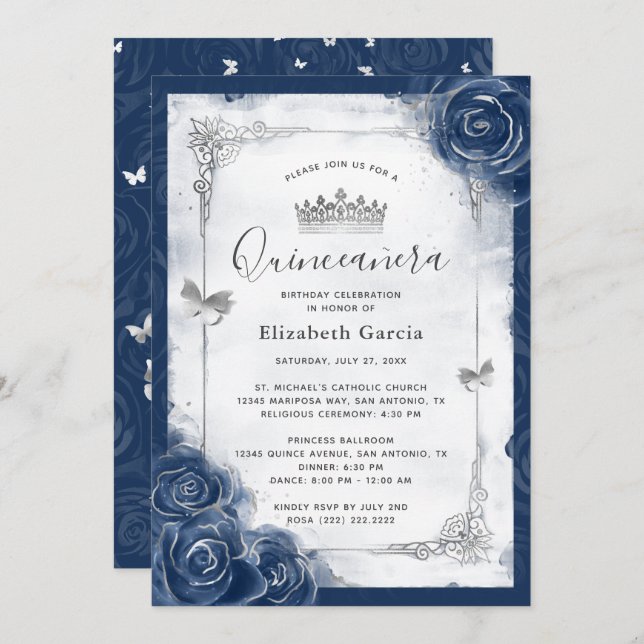 Invitación Rosa elegante Quinceanera de la Marina Azul y Plat (Anverso / Reverso)