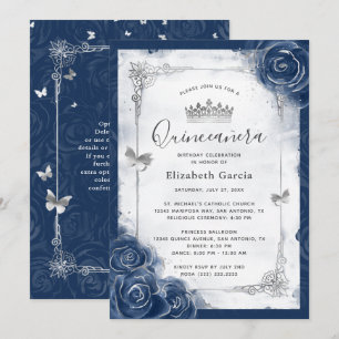 Invitación Rosa elegante Quinceanera de la Marina Azul y Plat