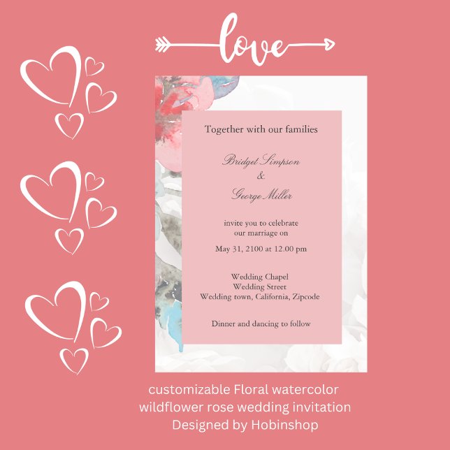 Invitación rosa elegante rosa de acuarela floral boda (customizable Floral watercolor 
wildflower rose wedding invitation
Designed by Hobinshop)