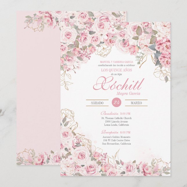 Invitación Rosa elegante rosa Rubor Blossom Quinceanera (Anverso / Reverso)
