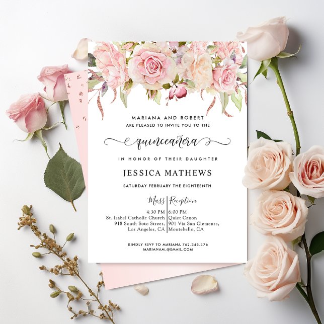 Invitación Rosa Elegante, Rosa Rubor, Quinceañera de oro Rosa (Subido por el creador)